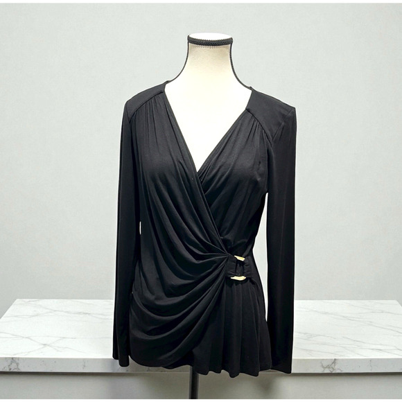 Vintage 90s Y2K Cache Lightweight Long Sleeve Cross Front Top Black Women's Med - Picture 1 of 8